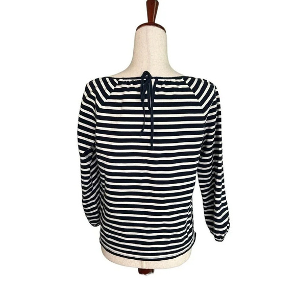 J Crew Top Small Navy White Striped Peasant Classic Nautical Coastal Vacation - Picture 9 of 15